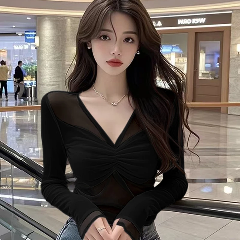 轻薄网纱防晒长袖上衣女夏季低领设计感褶皱纯欲风短款性感T恤衫