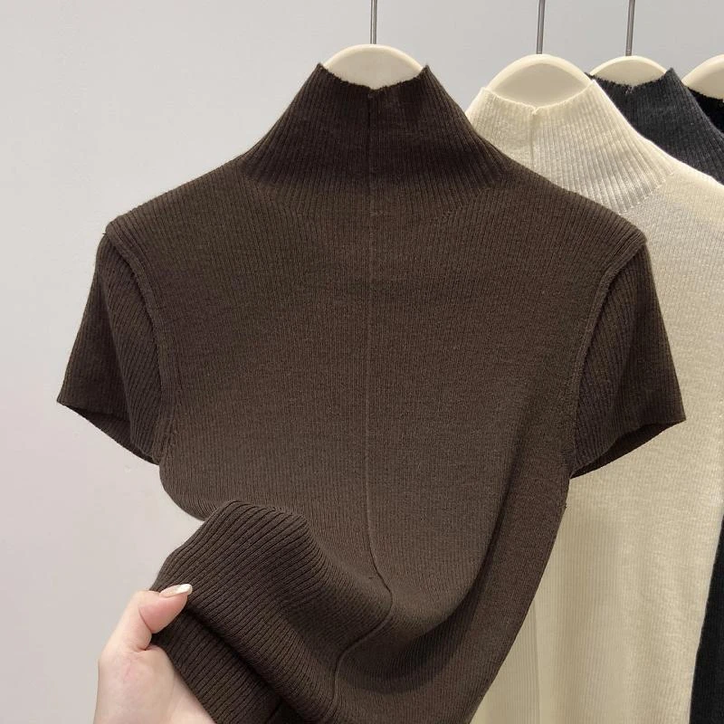 时尚洋气明线设计感高领打底衫女2025早秋新款欧货软糯短袖上衣