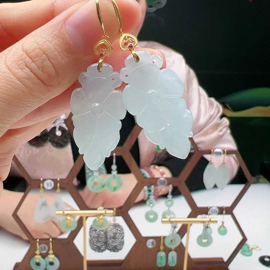 翡翠耳饰18K金镶嵌天然翡翠