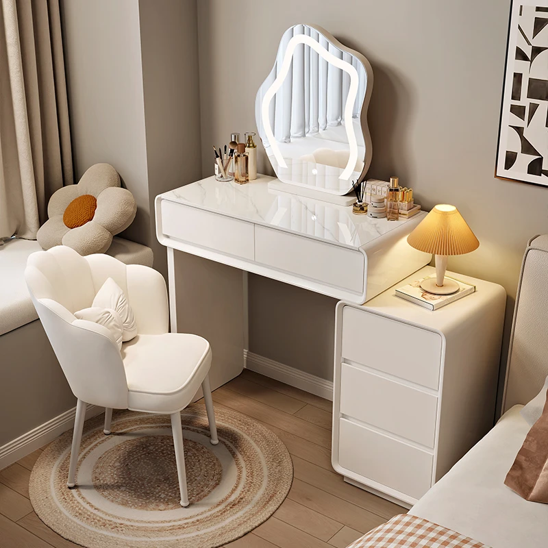 2025新款小户型岩板/胡桃木梳妆台轻奢卧室现代简约软包化妆桌