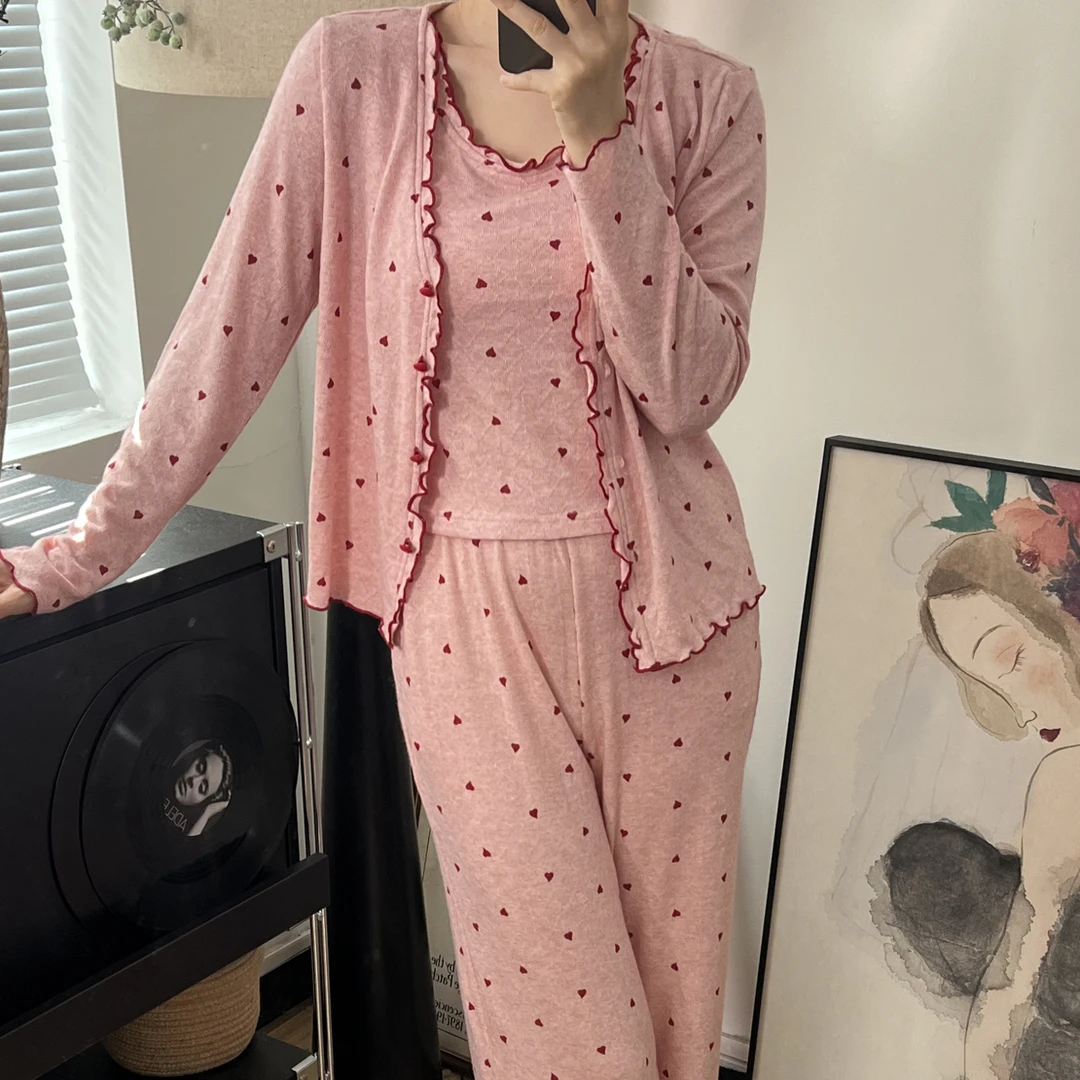 睡衣女秋高级感轻奢性感花边吊带带胸垫长袖可外穿家居服三件套装