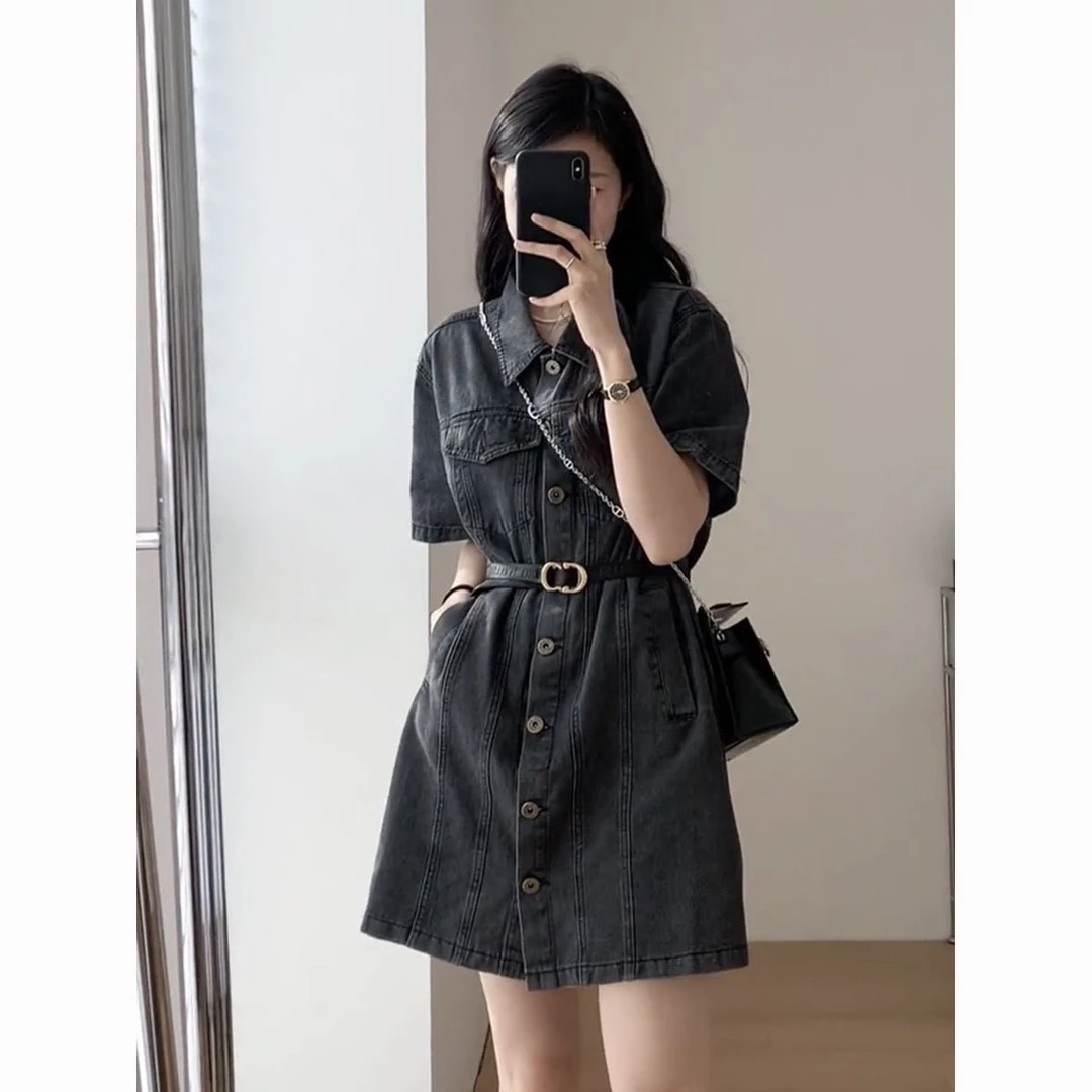 复古牛仔裙微胖显瘦梨型身材穿搭短裙夏季新款韩系ins连衣裙子女