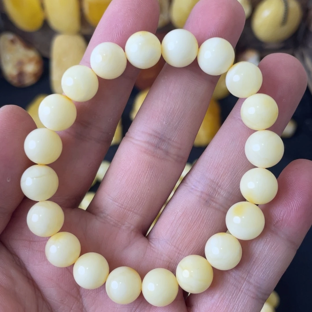 琥珀未镶嵌手串10+俄料浓蜡奶白圆珠手串