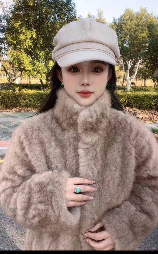 小熊心事冬季新款长袖厚款女立领染尖慵懒感韩系短款毛毛外套