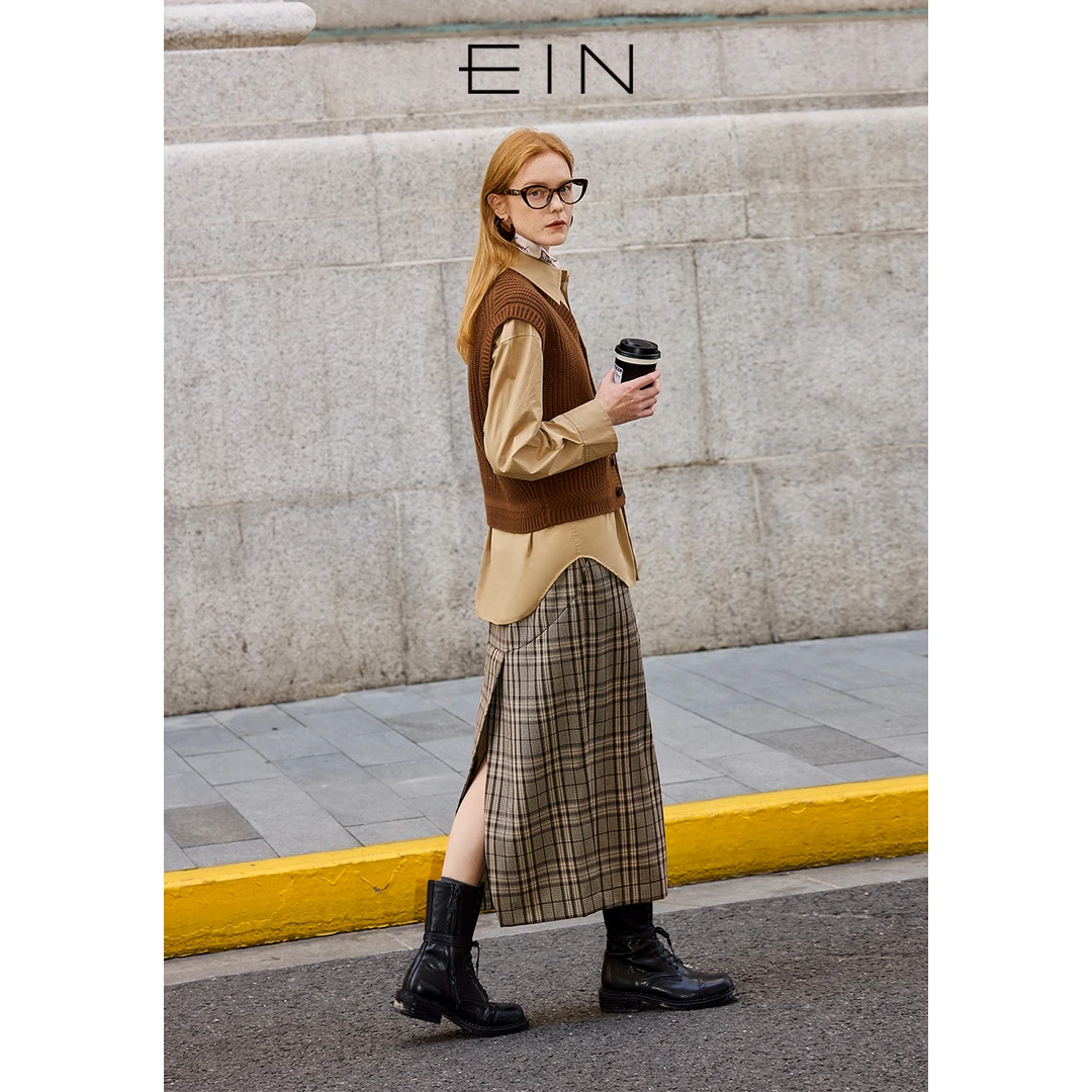 EIN/言摩登时髦文艺风格纹后开衩设计复古直筒半身裙女秋冬新款