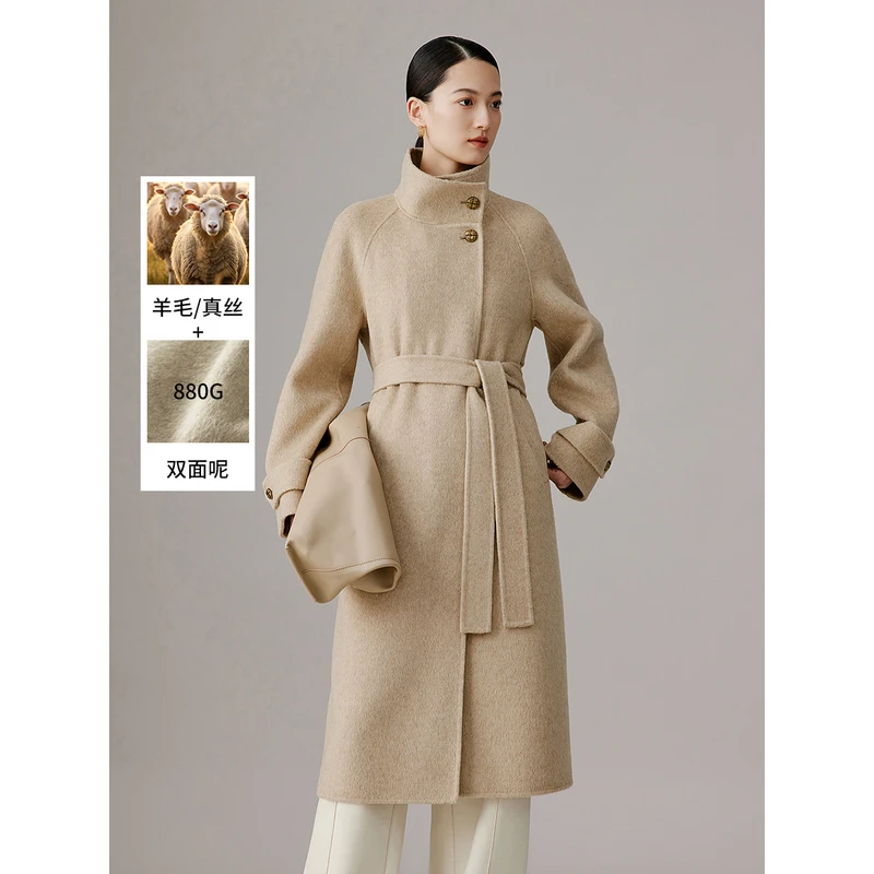 衣香丽影【骆驼绒】立领双面呢子大衣女冬装新款真丝羊毛外套