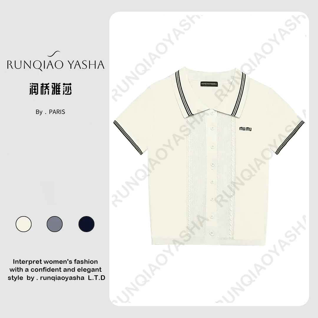 【润桥雅莎】夏季莱赛尔天丝翻领开衫短袖刺绣时尚轻奢上衣J1166