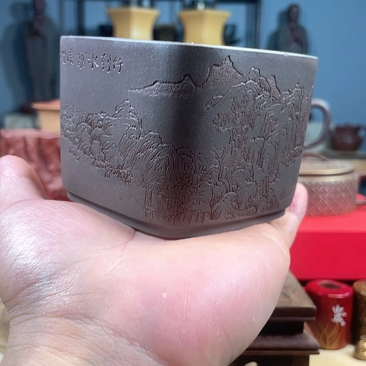 紫砂茶杯四方山水杯口底微瑕