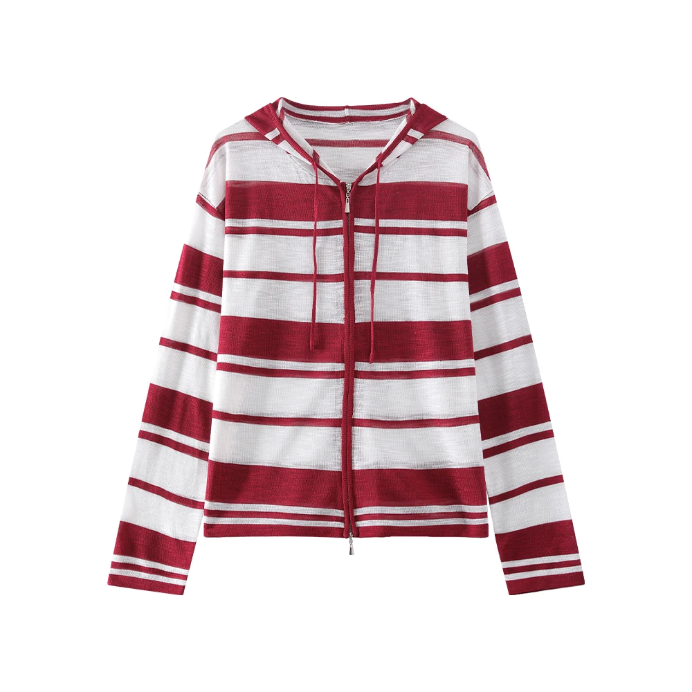 时尚气质休闲宽松百搭条纹连帽防晒针织上衣1730