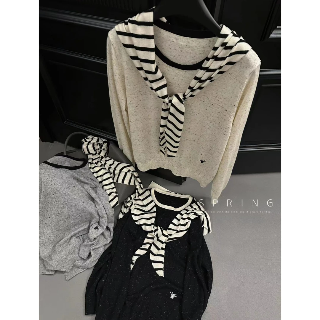 点纱披肩两件套」薄款超细羊毛韩版圆领长袖打底衫 衣长56 胸围104