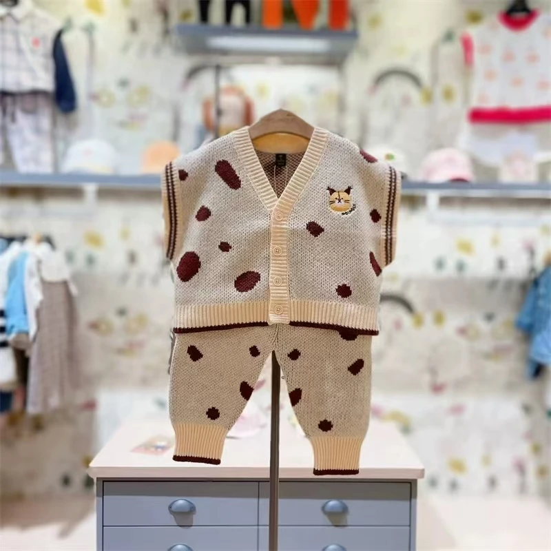 云朵 米色斑点小猫针织套装