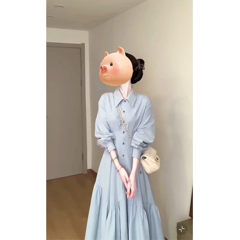 大码春夏雾凇蓝清冷层次设计感衬衫连衣裙收腰大摆气质法式长裙