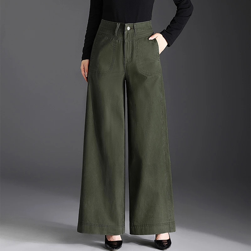 2025春秋新款休闲裤女裤高腰阔腿裤宽松直筒长裤休闲时尚军绿色裤