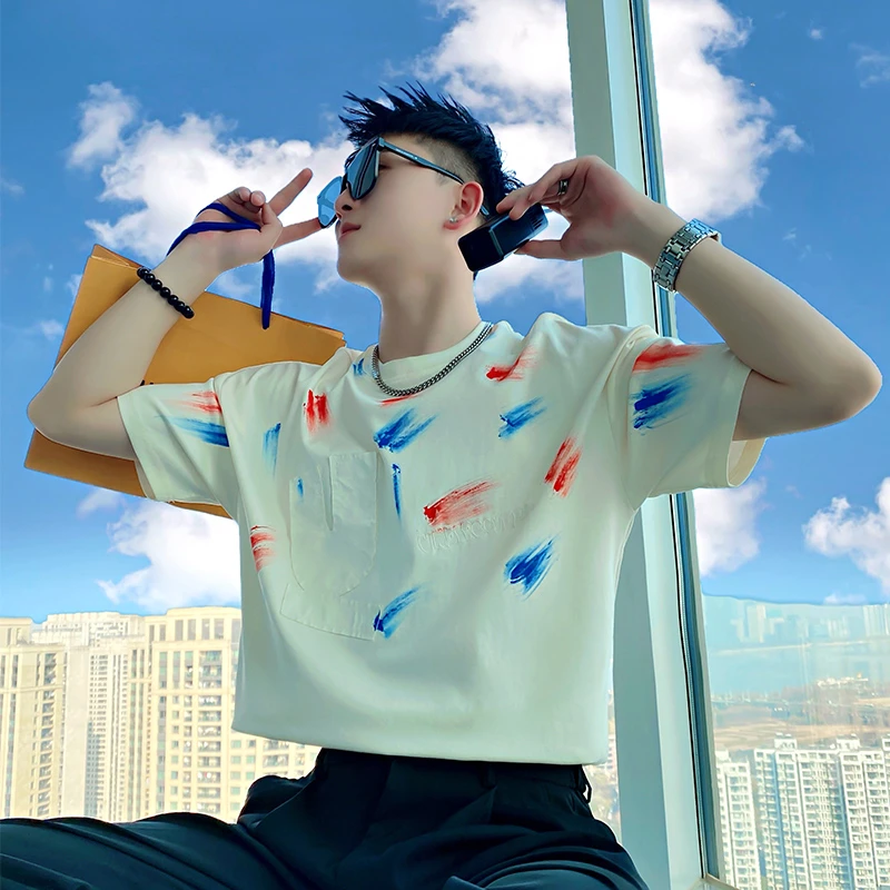 短袖男t恤夏季彩绘涂鸦上衣体恤2025新款潮牌百搭圆领休闲上衣