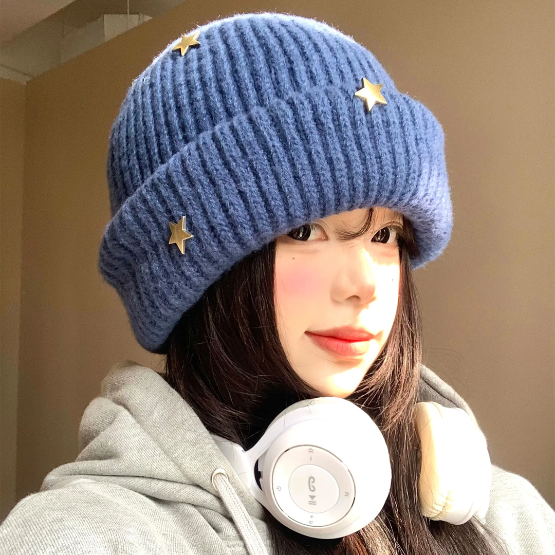 蓝色星星针织毛线帽女冬季显脸小堆堆帽大头围保暖防寒包头冷帽子