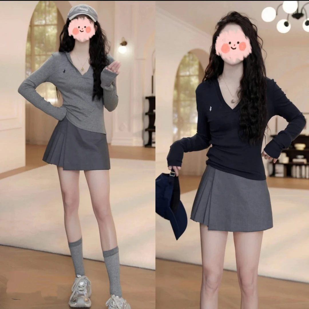 春夏百搭小马标连帽V领长袖T恤上衣+显短裤气质高腰百搭裤裙