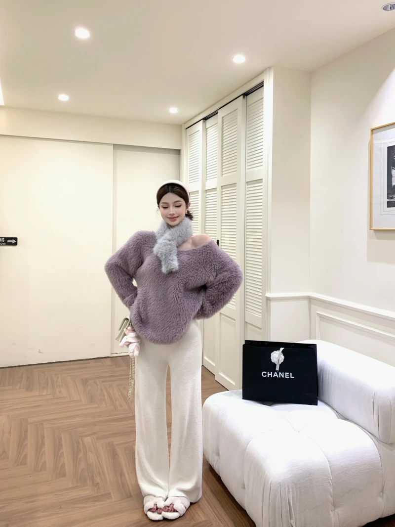 柔焦氛围感软糯毛衣温柔风气质针织毛衣软糯风V领慵懒上衣带毛领