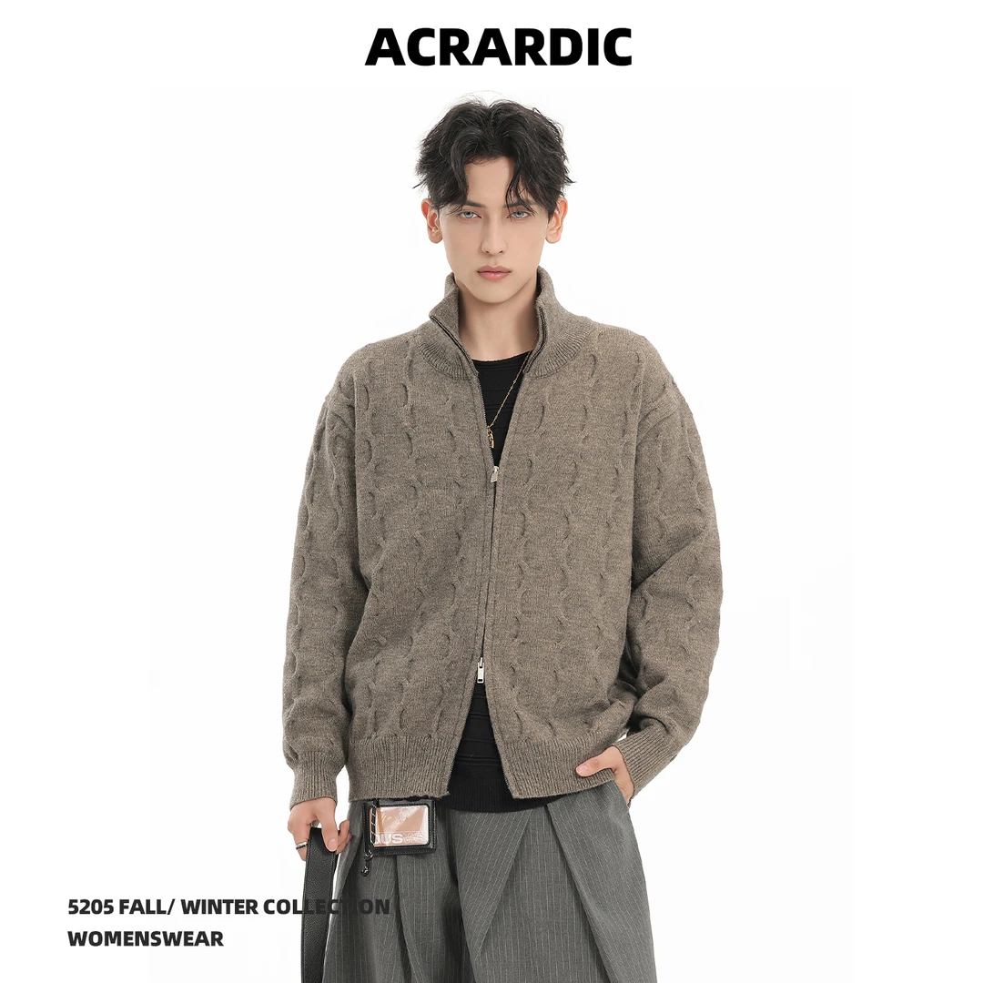 ACRARDIC秋冬老钱风麻花纹拉链开衫毛衣男美式慵懒风保暖针织外套