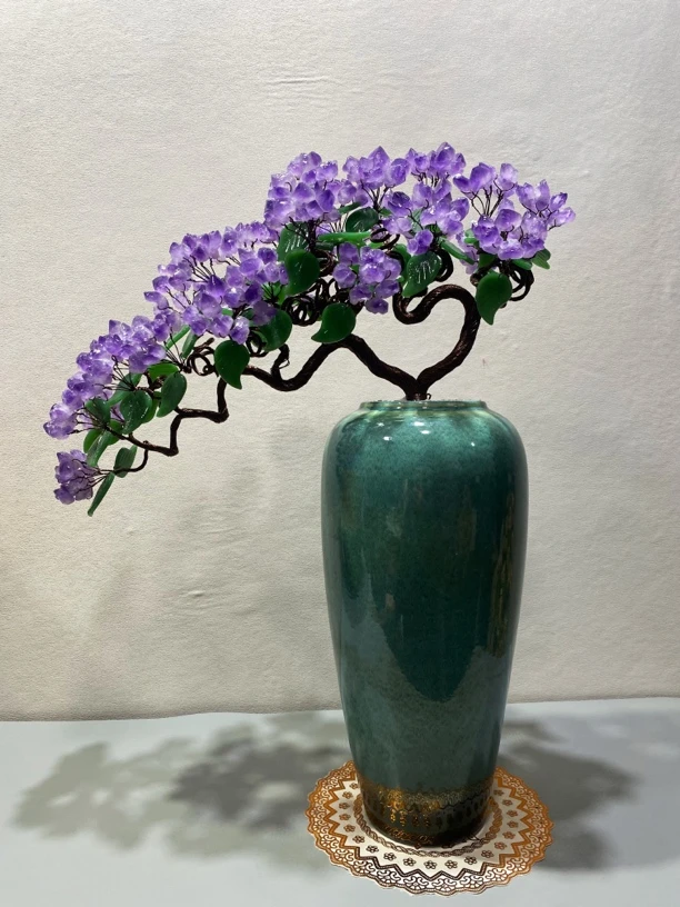 【岩岩手工坊】天然紫水晶水晶树摆件青色调简约陶瓷家居公司玄关