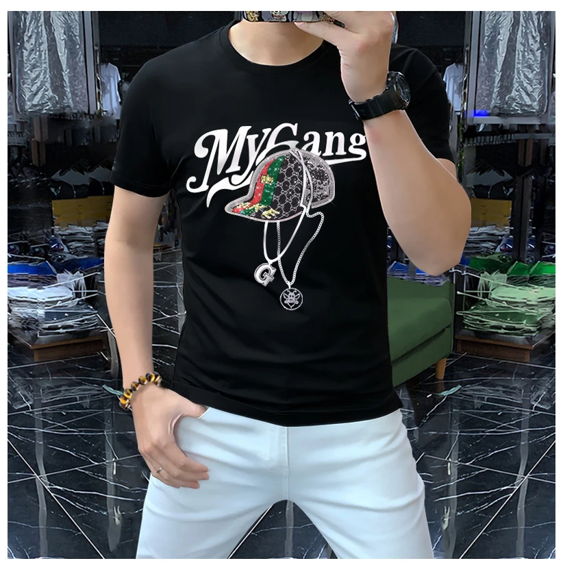 可蓝【JY】2023新款潮欧货短袖T烫钻帽子男装半袖圆领衫舒适透气百