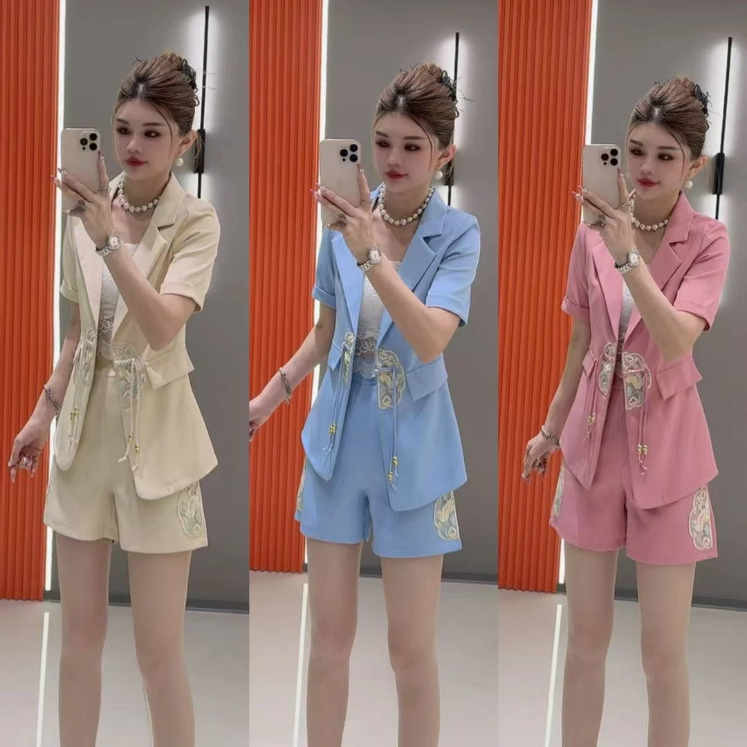 8298 国风私人定制新款吉祥刺绣图腾盘扣开衫上衣 加 短裤 两件套