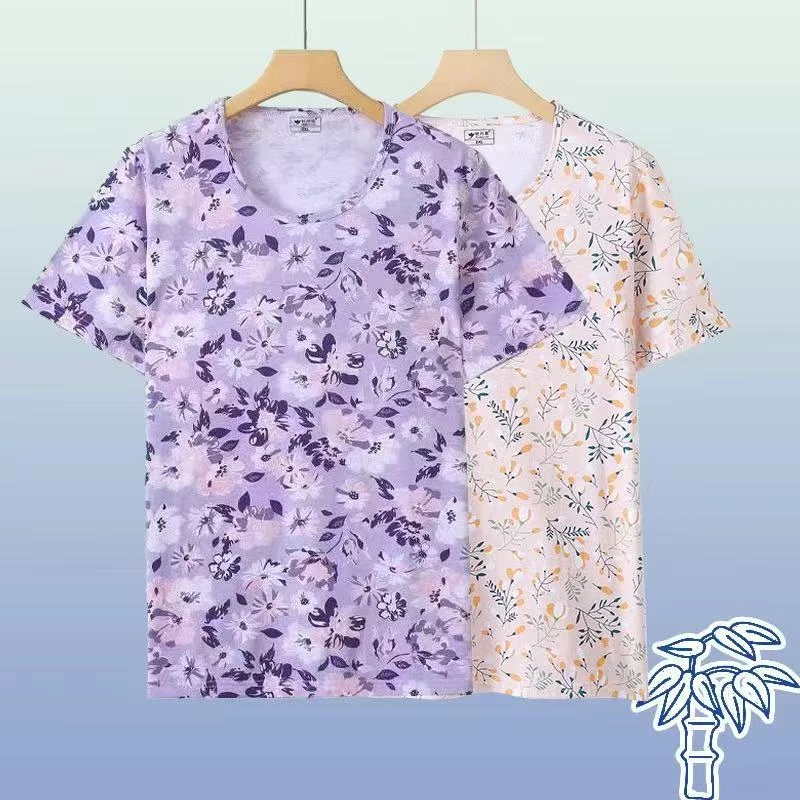 中老年纯棉半袖套头短袖女夏季新款大码加肥外穿背心印花妈妈全棉