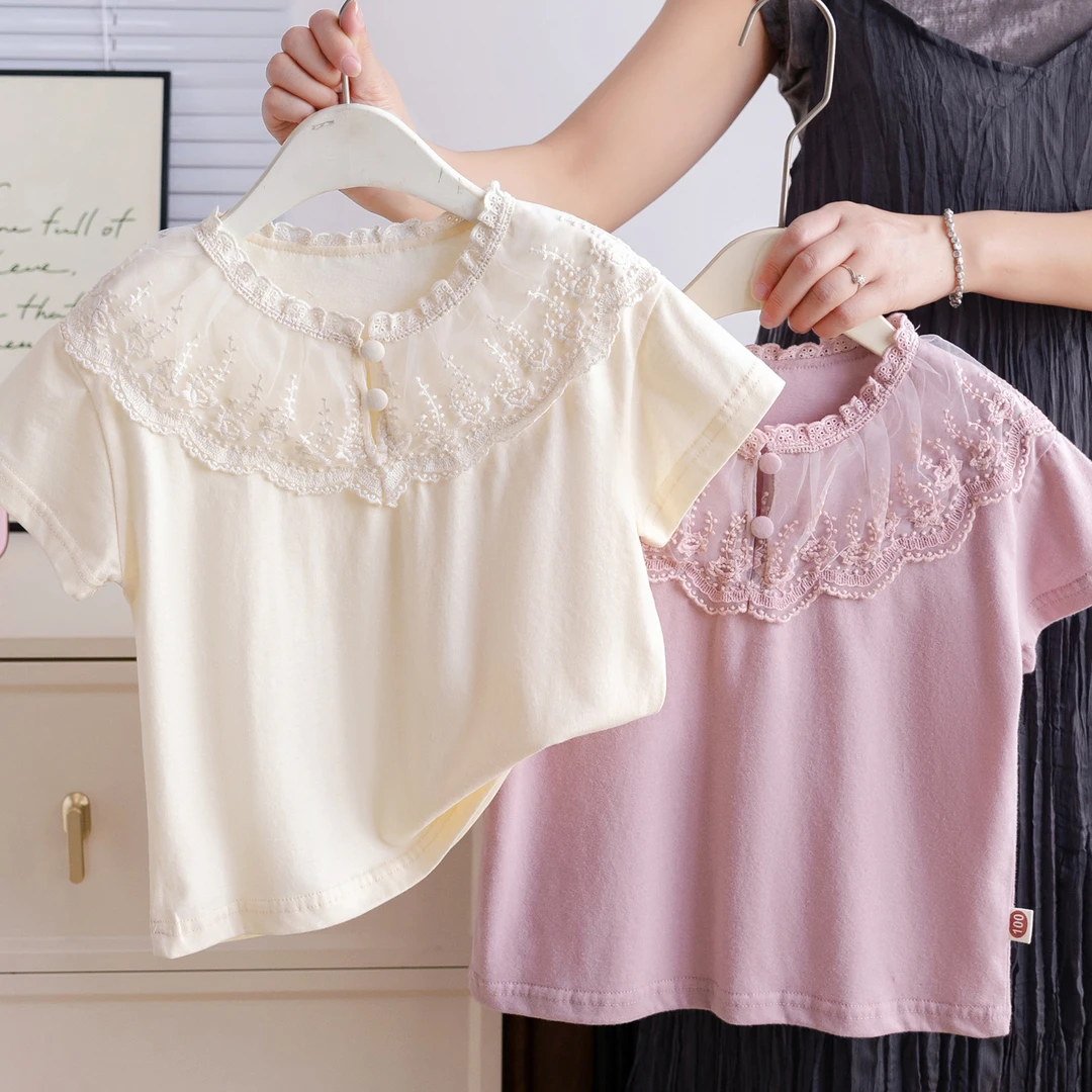 爱妮萌萌女童短袖t恤2025夏季儿童洋气蕾丝边圆领韩版休闲宽松T恤