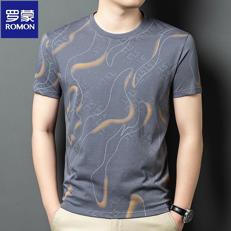 Romon/罗蒙夏季新款长绒棉短袖高档T恤男士印花圆领男装T恤衫