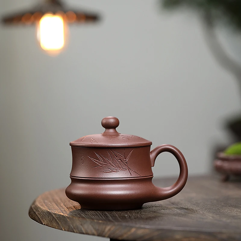 微瑕宜兴原矿紫砂手工泡茶办公深井紫泥刻竹鸿运盖杯400cc左右
