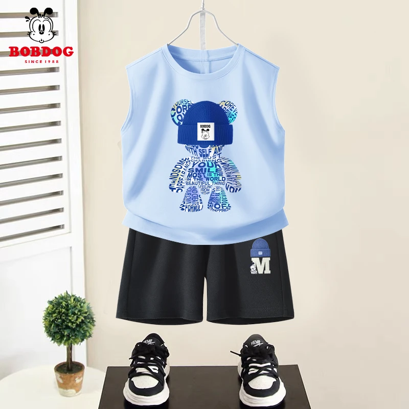 巴布豆卡乐男童背心套装2025新款儿童纯棉无袖上衣百搭运动五分裤