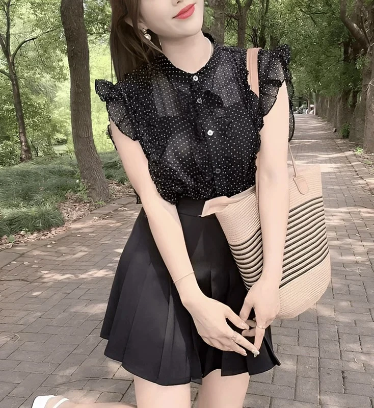 2577#木耳边波点雪纺衬衫女夏季2025新款流行漂亮小衫设计感上衣