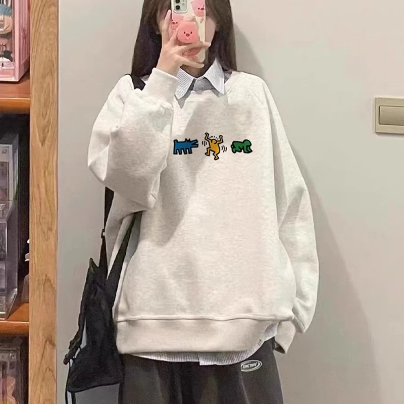 300斤胖mm美式复古hiphop小个子圆领卫衣女秋冬加绒宽松慵懒上衣