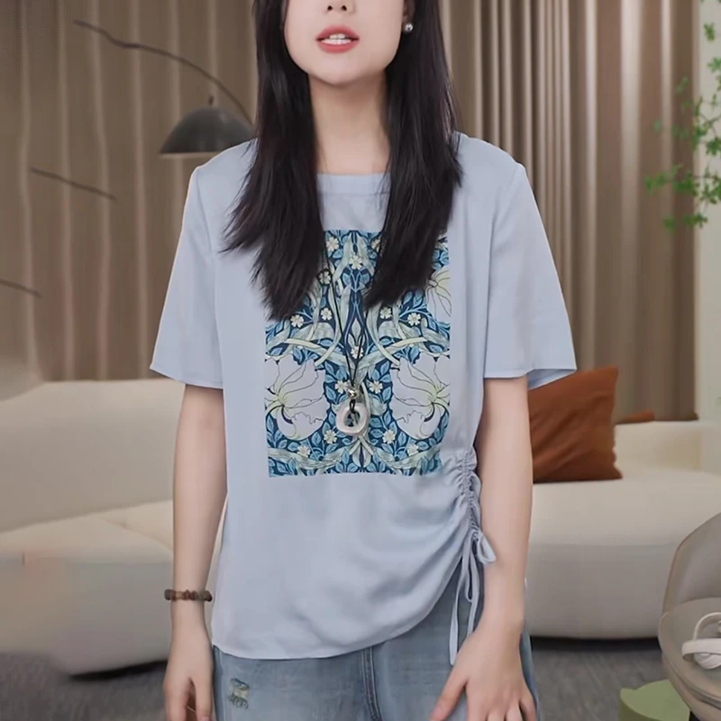 2025夏季新款碎花短袖T恤女士宽松洋气减龄别致休闲印花体恤上衣