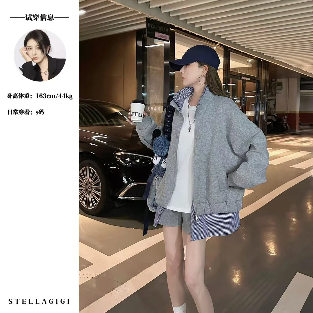 SG / 杨依姗 SS韩系假两件内里撞色格子宽松卫衣外套WT-20250660
