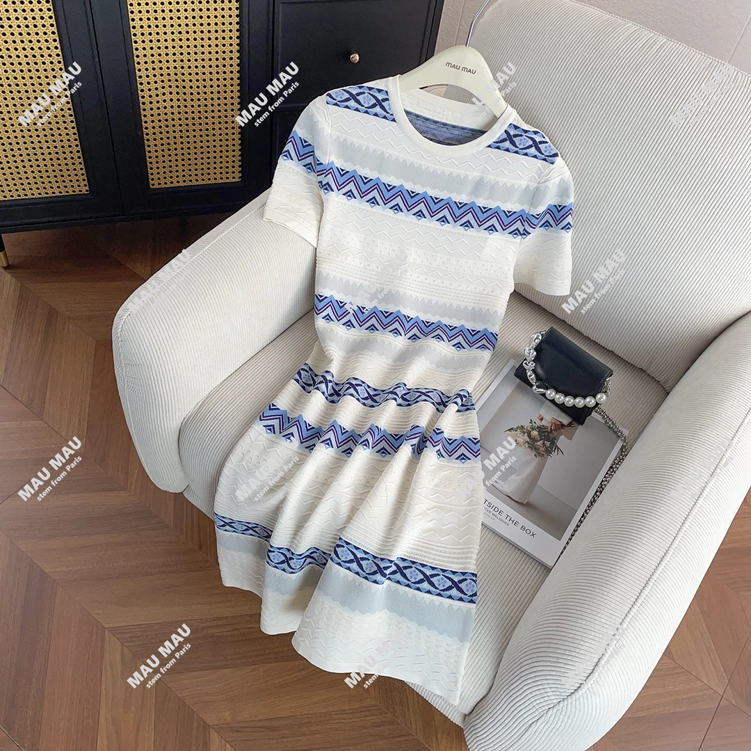 MIUMEM夏季女短袖条纹针织连衣裙收腰A字裙DY7749