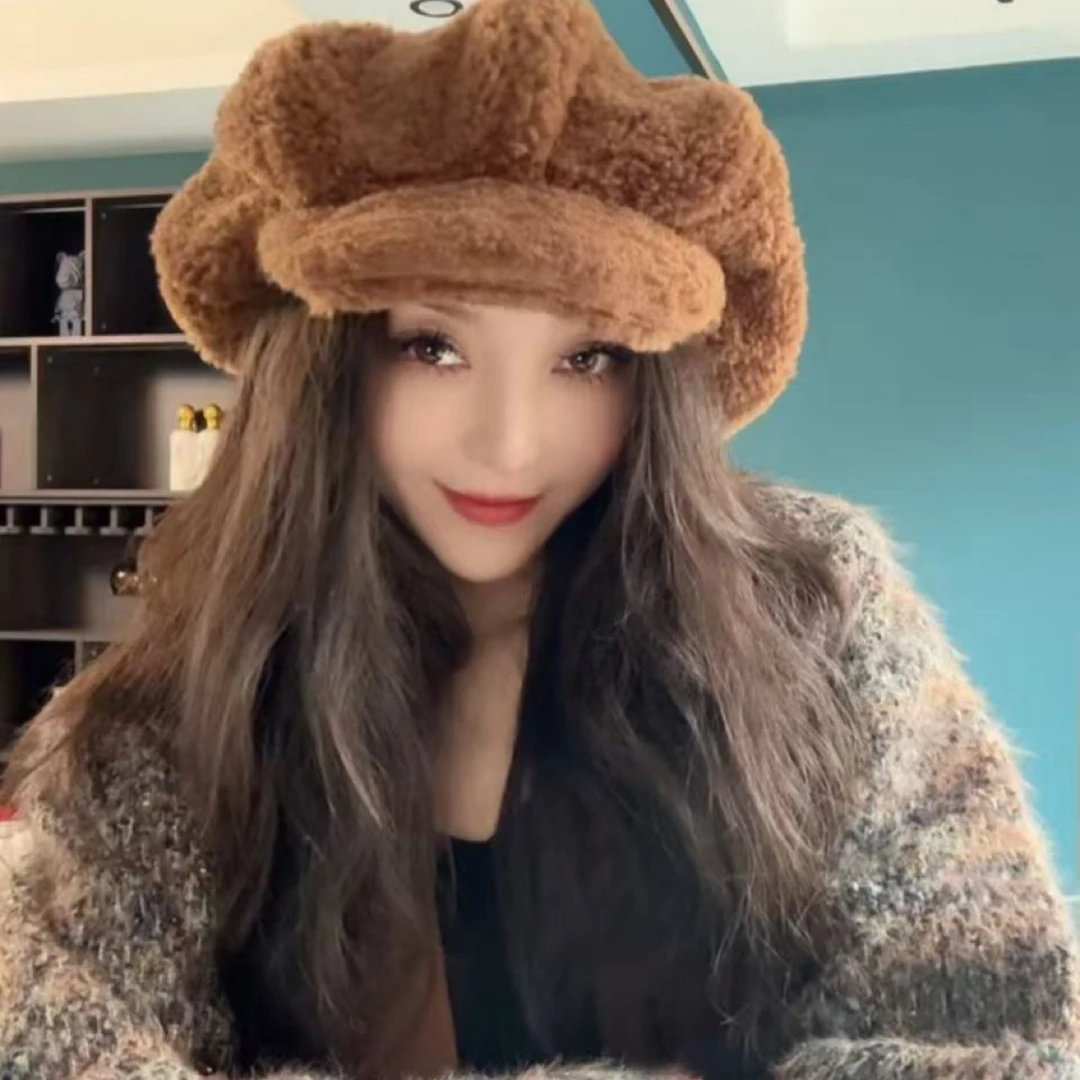 泰迪绒八角贝雷帽女秋冬百搭大头围帽加厚保暖云朵帽子