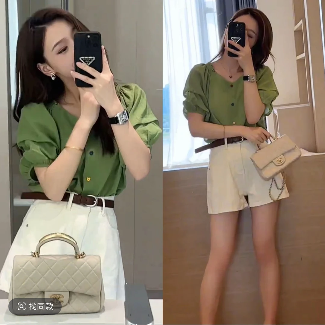 夏季女士泡泡袖短袖衬衫小香风设计感小众别致上衣