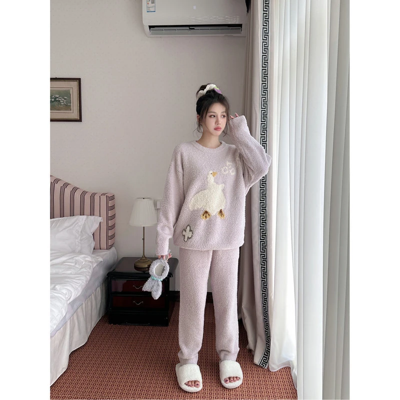 居家女秋冬季甜美可爱半边绒睡衣卡通减龄软绵绵加厚加绒家居服