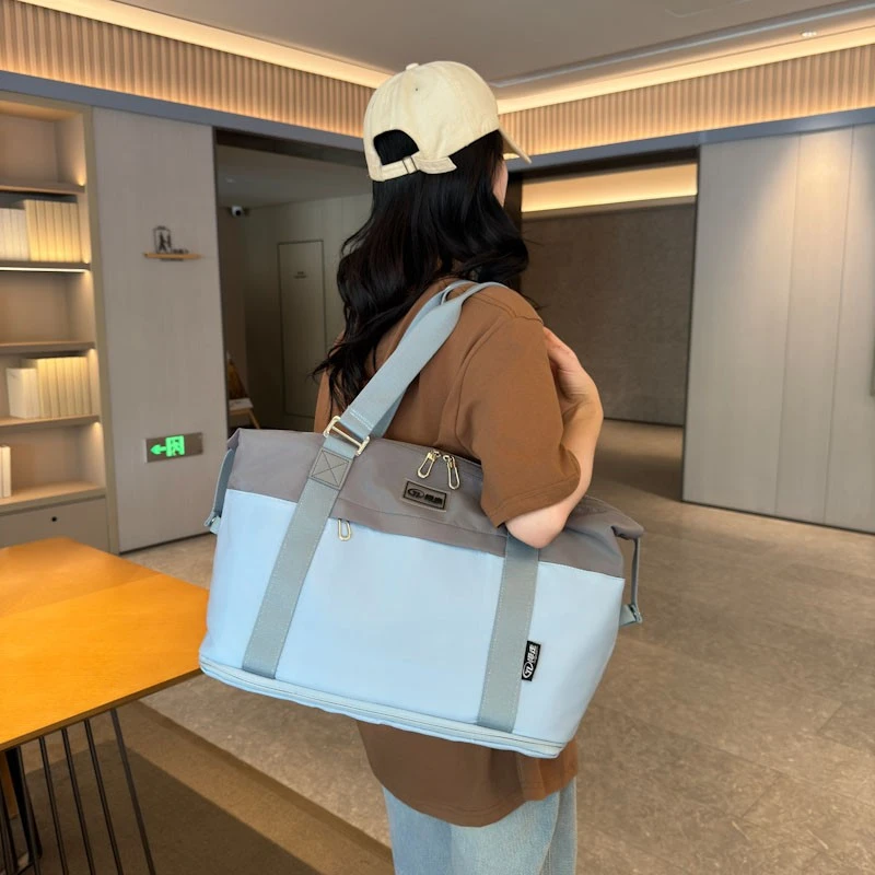 女时尚拼色防水单肩托特可扩展多隔层旅行包旅行收纳包