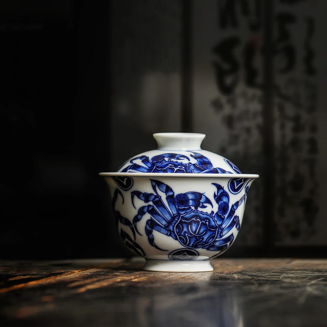 景德镇纯手工盖碗茶杯手绘螃蟹青花陶瓷两才防烫功夫泡茶器茶具