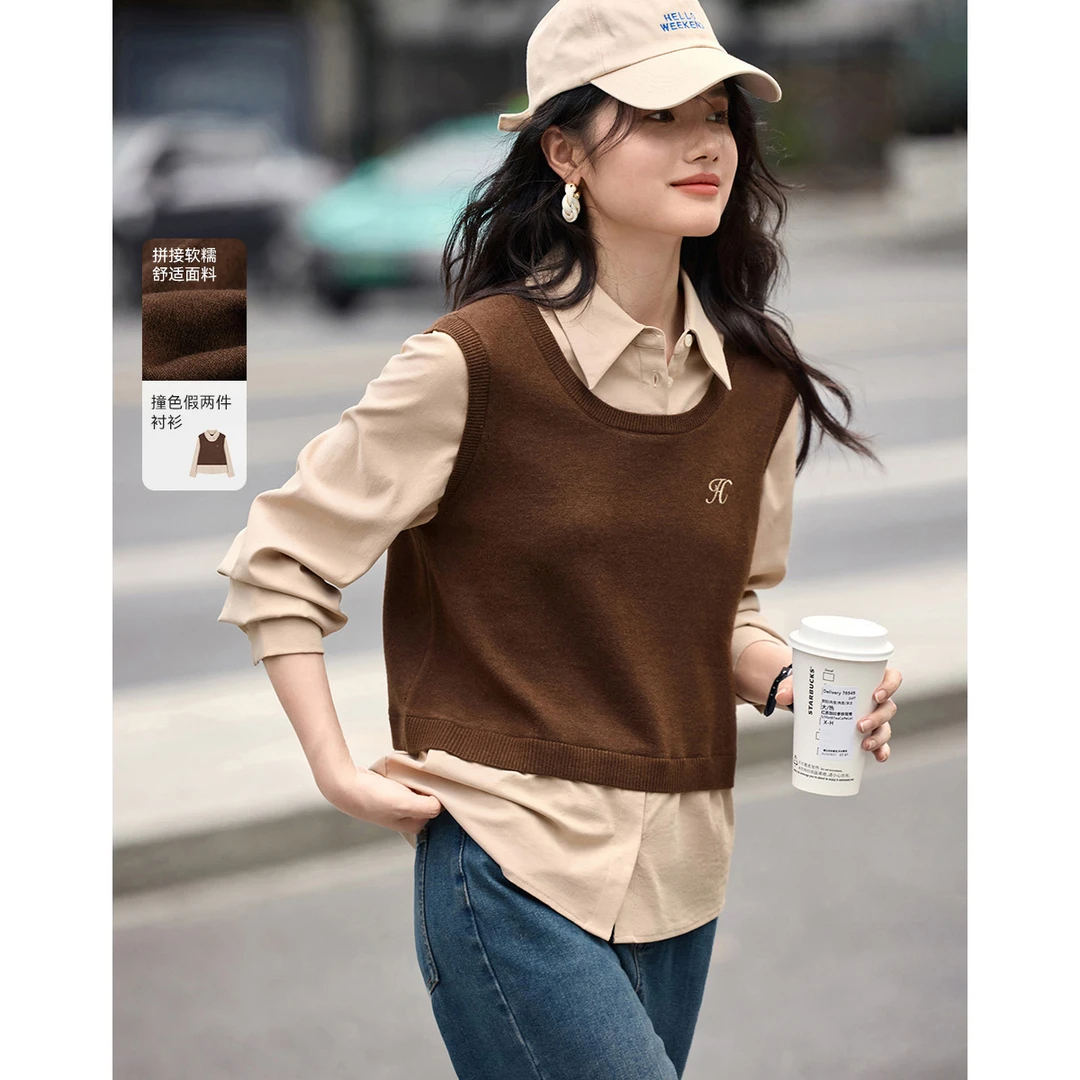 沫晗依美【直播】拼接假两件衬衫2024冬季休闲感学院风MIU系假两件