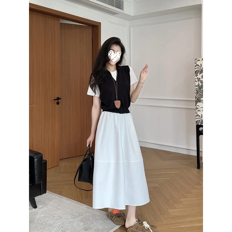 洋气衣服女夏季假两件短袖T恤上衣+显瘦百搭白色高腰半身裙套装女