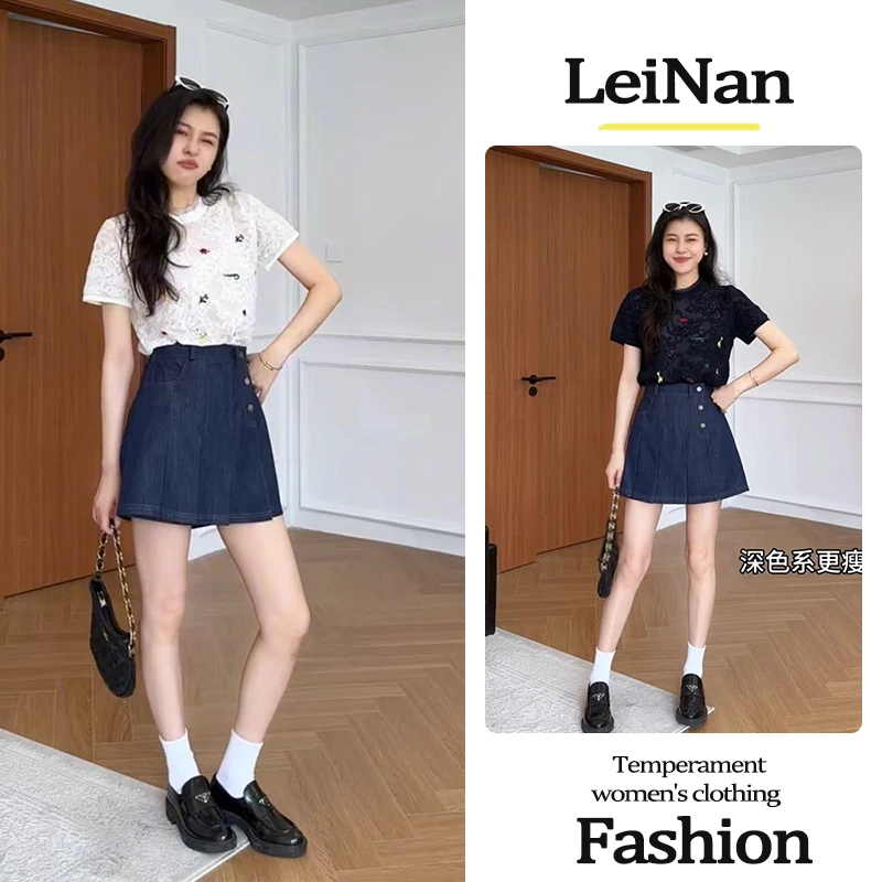 夏季一整套女装2025新款韩版时尚减龄气质短袖上衣牛仔短裙两件套