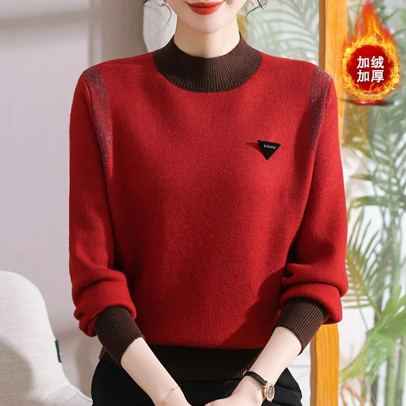 本命年妈妈百搭减龄加绒加厚打底衫红色喜婆婆中年女保暖针织毛衣