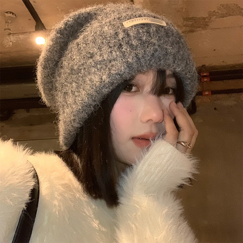 宽松大头围灰色毛线帽女秋冬季毛绒针织堆堆帽显脸小保暖羊毛帽子