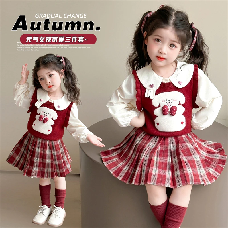 【DS】女童秋季新款可爱卡通套装儿童马甲衬衫百褶裙三件套HCD218