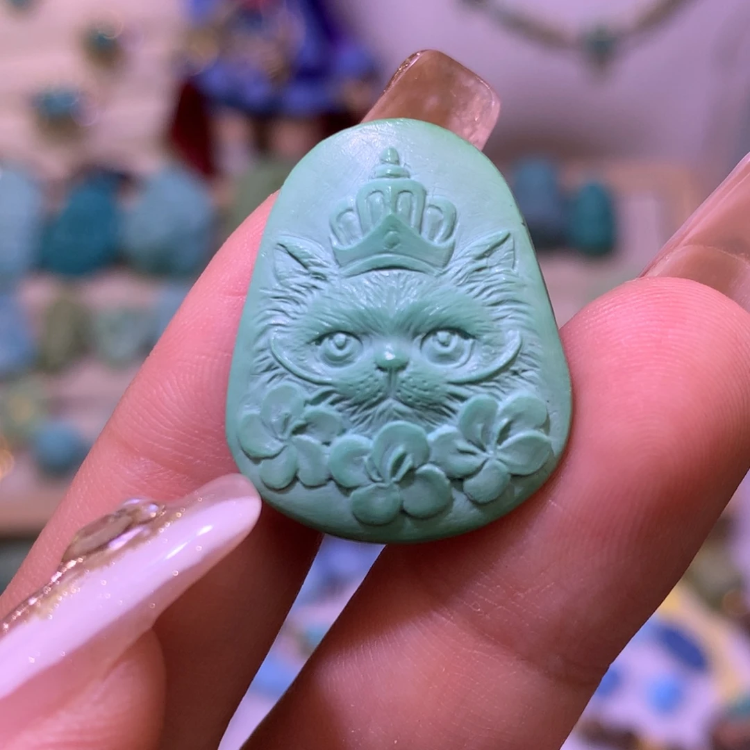 绿松石珠宝奇石未镶嵌猫咪牌