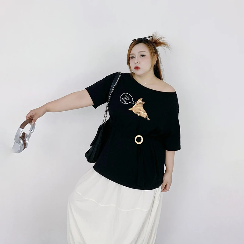 Milu家大码女装夏季设计感宽松印花斜肩短袖t恤胖mm收腰显瘦上衣