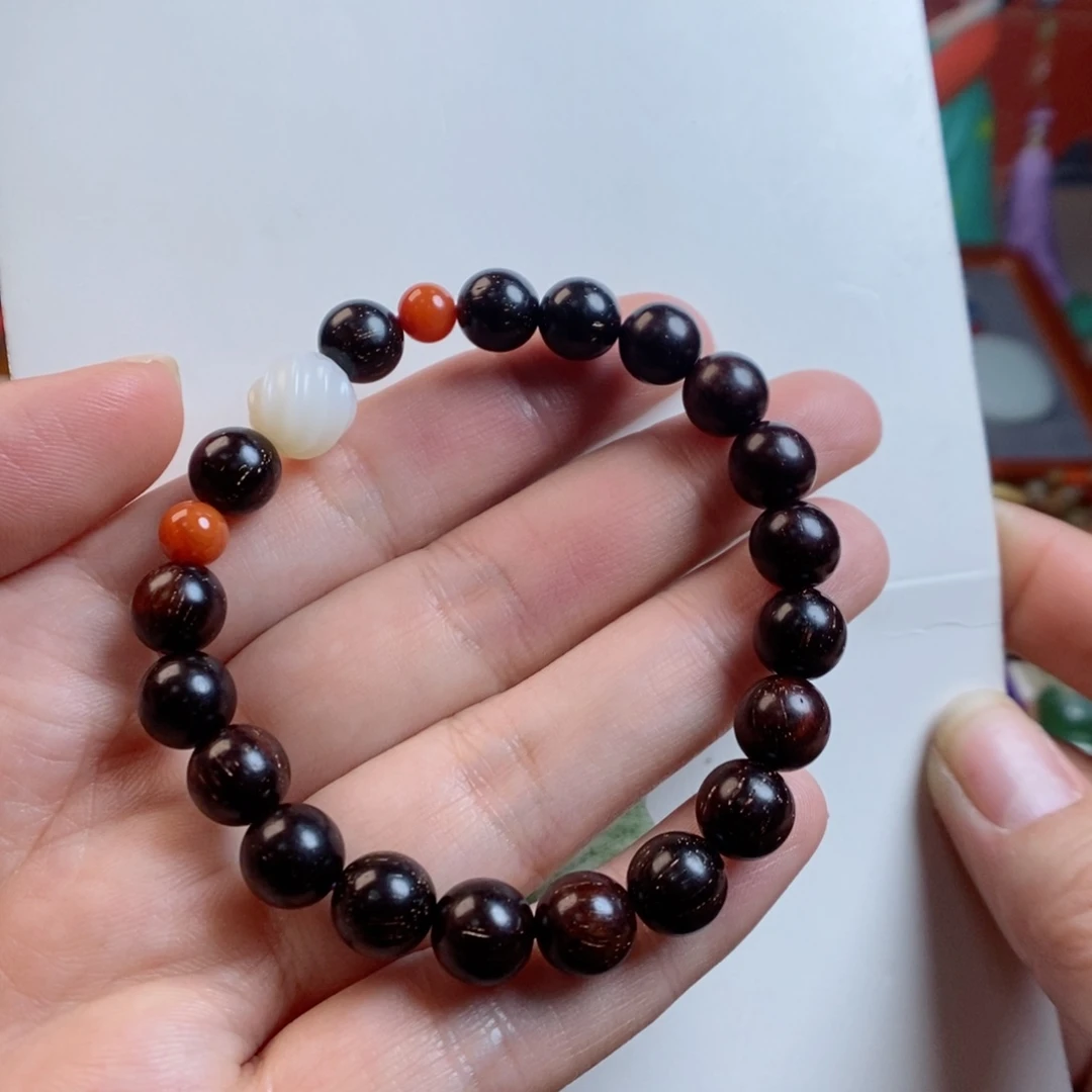 和田玉手链未镶嵌米达小叶紫檀