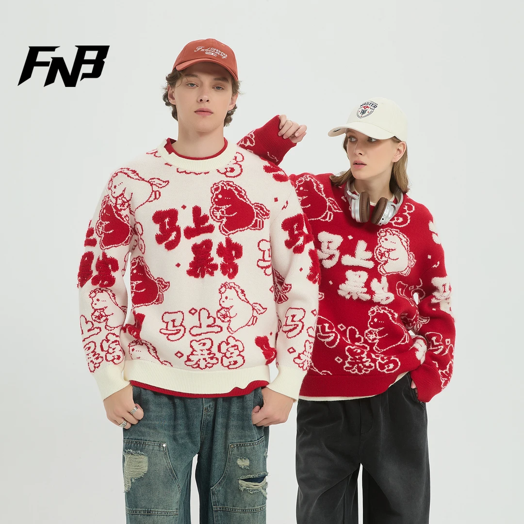 FNB卡通风本命红马年提花针织衫男女情侣撞色套头毛衣休闲